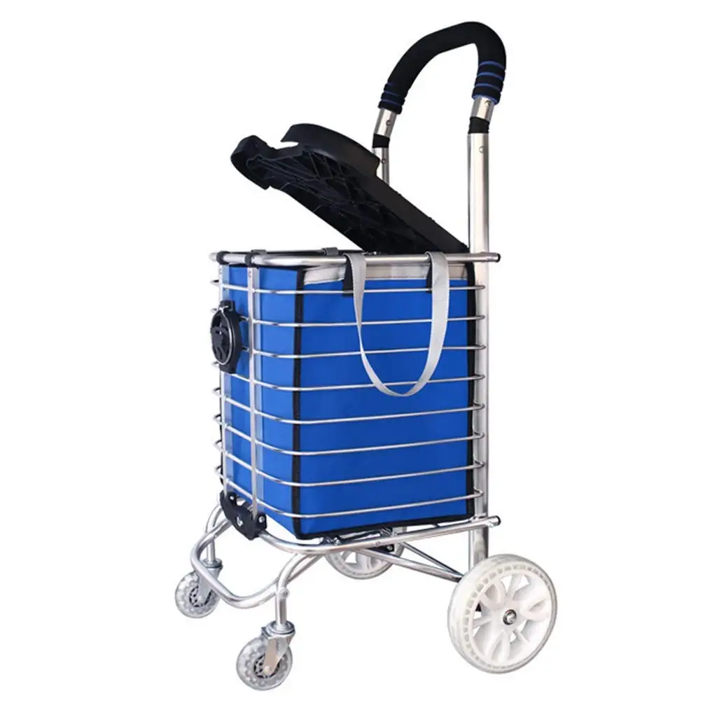 Grocery Shopping Trolley Lightweight Foldable Travel Mobility Cart Bag Waterproof Oxford Cloth Case/4 Bearing Wheels Portable Tote Large Capacity with Adjustable Handle Color : Blue 