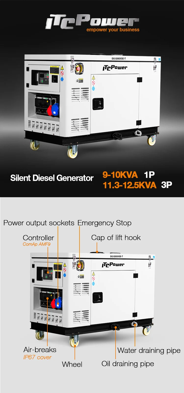 CE certificated Electric start 10kw 12kva  2 cylinders air cooled silent diesel generators