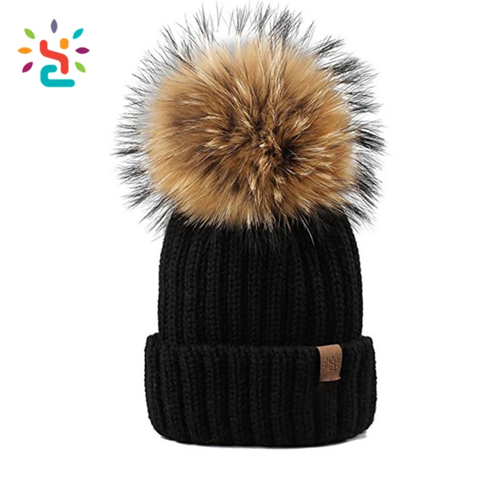 BKLYN S Wool Beanie Navy Hat Purple & Pink Pom Pom