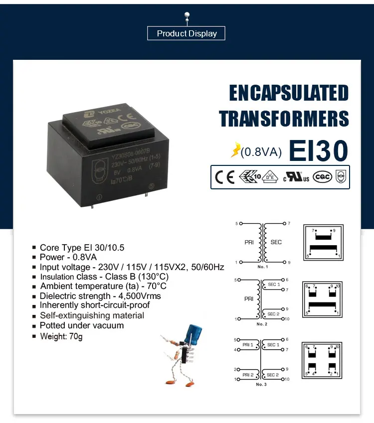 EI30/10.5 0.8VA CE ROHS UL VDE 240v 220volt to 6v Encapsulated ac Transformer
