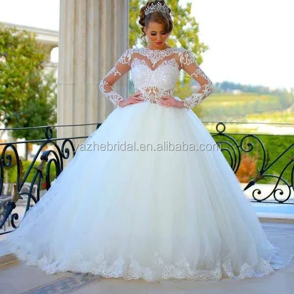 2018 Long Sleeves Ball Gown Wedding Dresses Sheer Lace Puffy