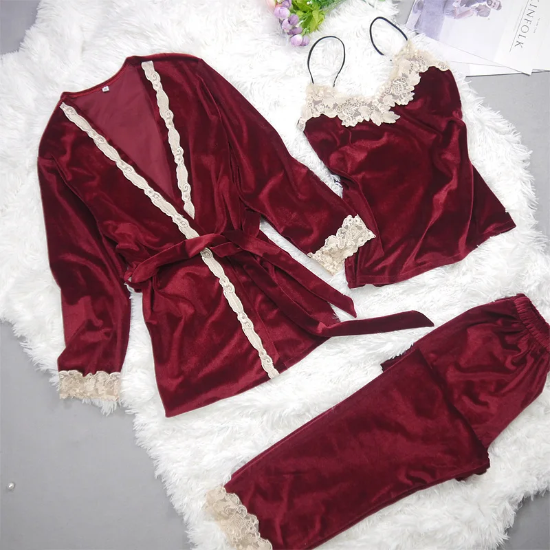 Wholesale Custom Velvet Solid Color 3Pcs  Pajamas Women  Pajamas