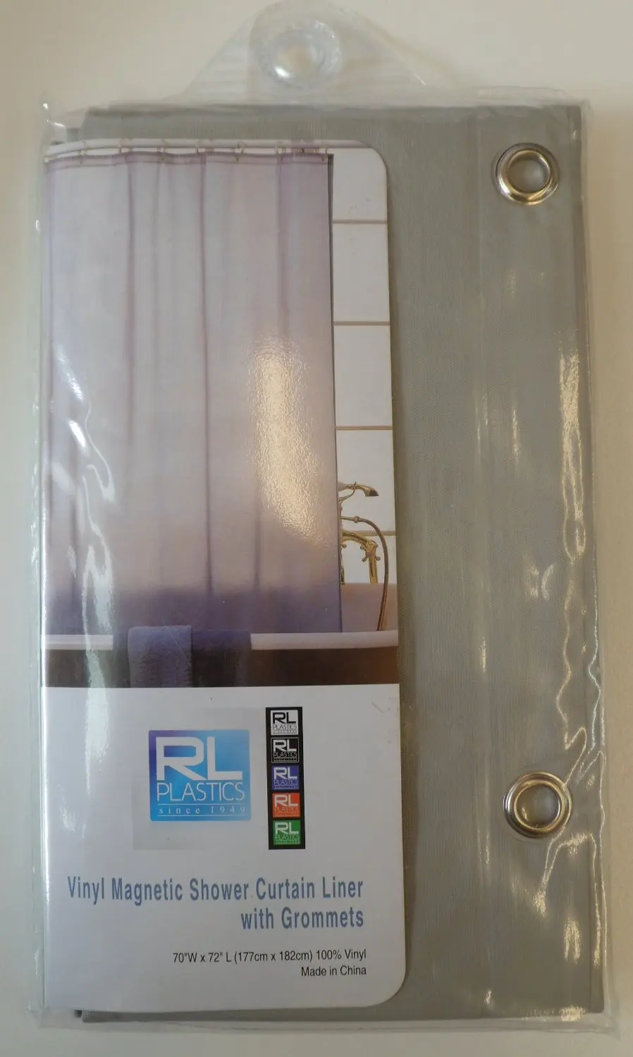 RL Plastics 100% Vinyl Grey Magnetic Shower Curtain Liner with Grommets, Mildew and Water Resistant Standard Size 70" X 72"