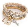 Fashion jewelry popcorn chain 3 pieces set lock key pendent bracelet charmful elastic bracelet