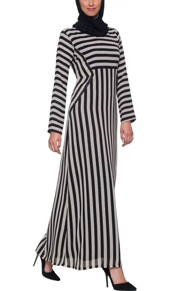 长条纹雪纺黑色和米色柔软简约船脖子 abaya 马克西礼服迪拜 abaya