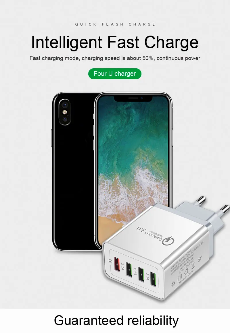 Universal  4 USB Travel Charger Adapter Wall Portable EU Plug Mobile Phone Smart Charger for iPhone XS Max X 8 iPad Tablet