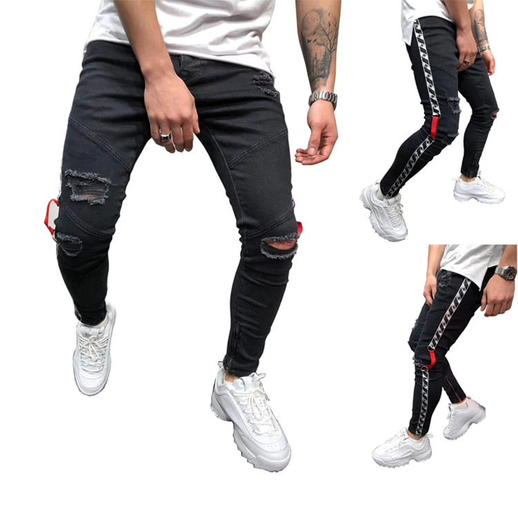 2019 Men Streetwear Ripped Jeans New Fashion Hip Hop Side Striped Jeans Fitted Bottoms Zipper Men Jeans Trouser!