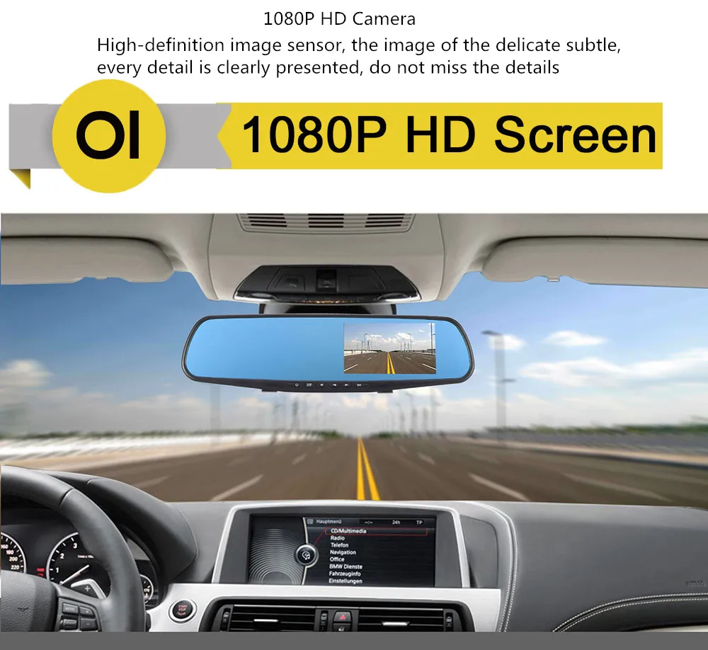 Vehicle Blackbox DVR Full HD 1080p Dual Dash Cam Mirror Easy