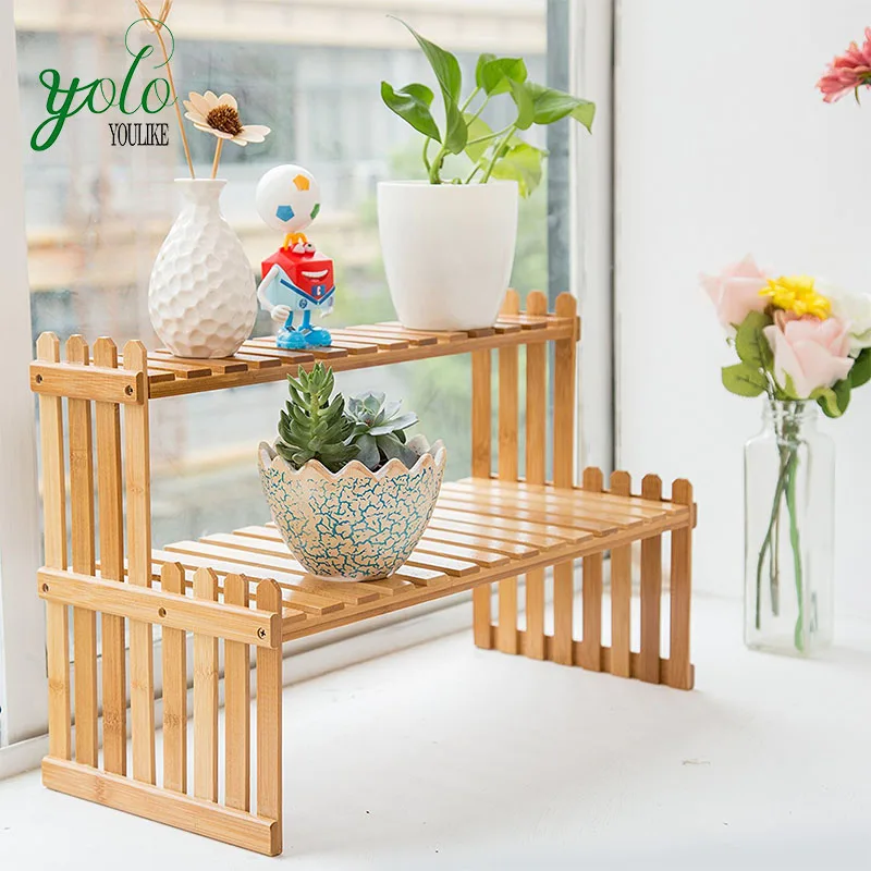 Natural Desktop 2 Tier Bamboo Plant Stand With Shelf Rack - Buy Bamboo