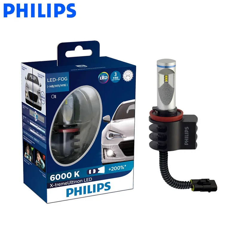 Philips LED H8 H11 H16 X-treme Ultinon LED Fog Light Auto Lamps 6000K Cool White +200% Brighter AirFlux 12834UNI X2, Pair