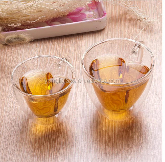 High borosilicate glass double wall glass ,heart shape couple coffee mug, double wall tea cup
