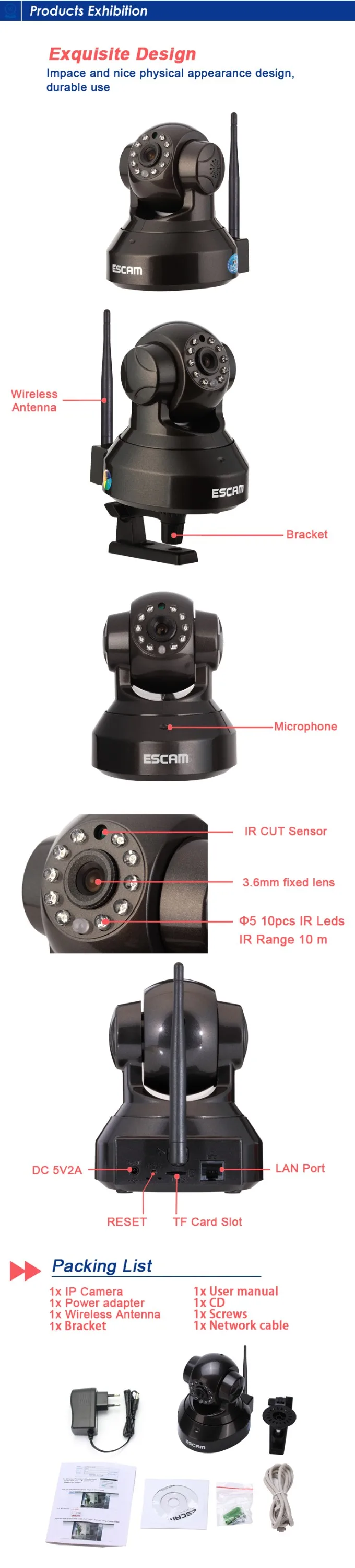 ESCAM QF100 Pearl 720P Mega Pixel P2P WIFI IR PT Network Camera