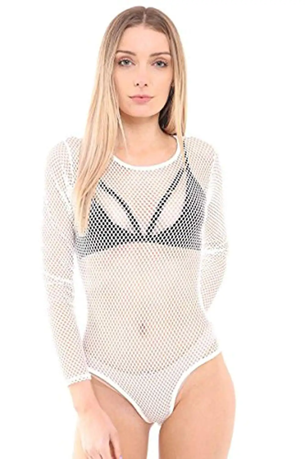 white mesh long sleeve bodysuit