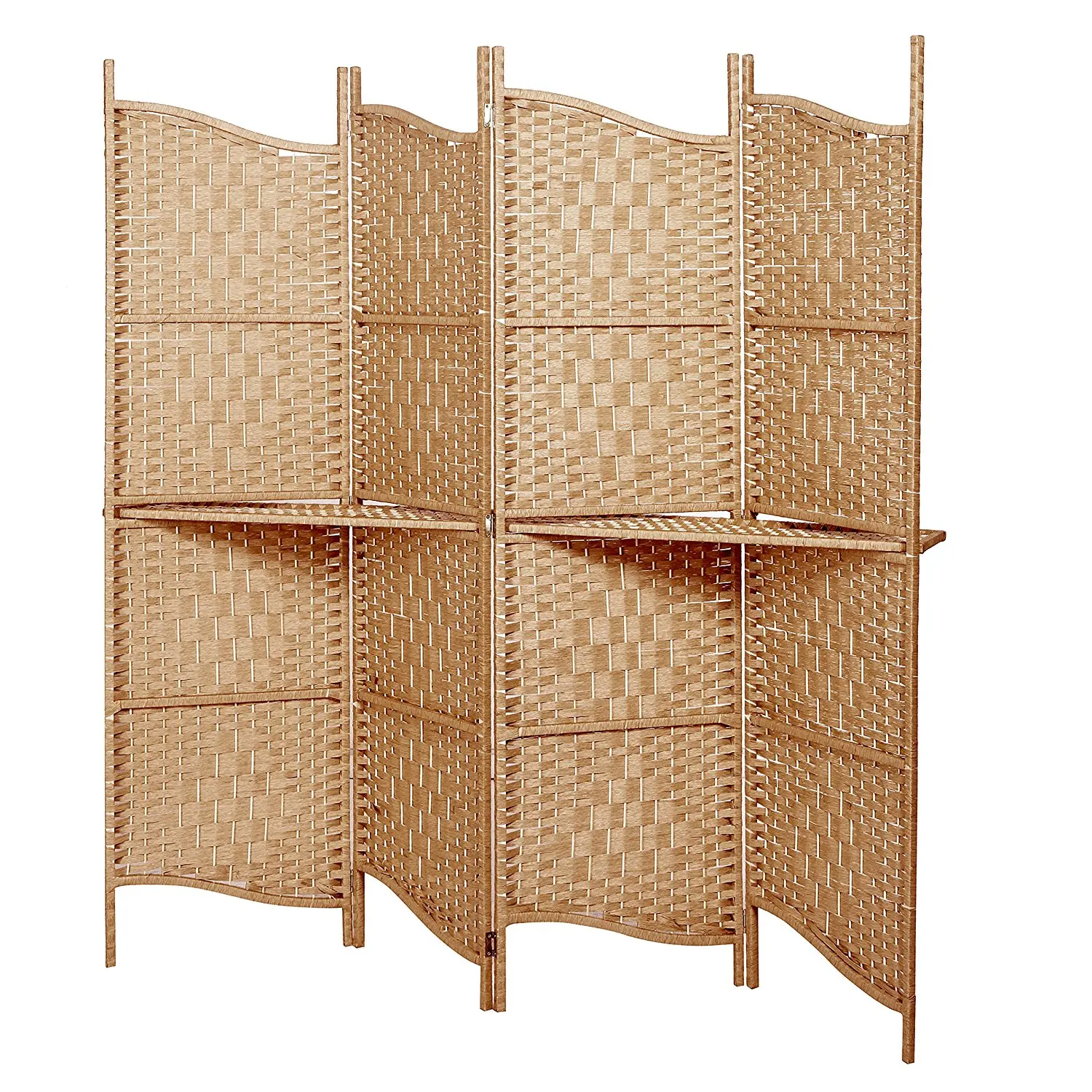 Freestanding Brown Wood Woven Rattan Room Divider 4 Panel Screen - Buy ...