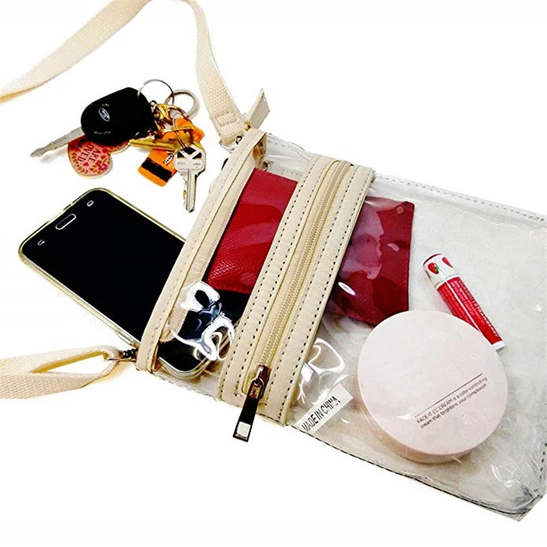 Eco-friendly portable clear pvc vinyl travel makeup cosmetic bag with a strong fabric handle