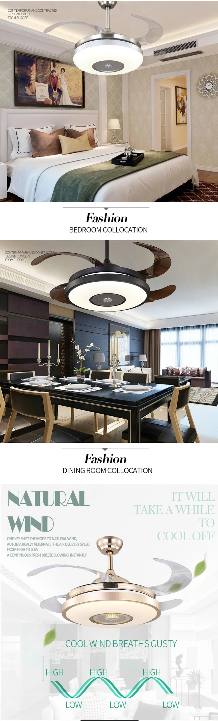 2017 Hot sell gold quality modern design hidden blades ceiling fans