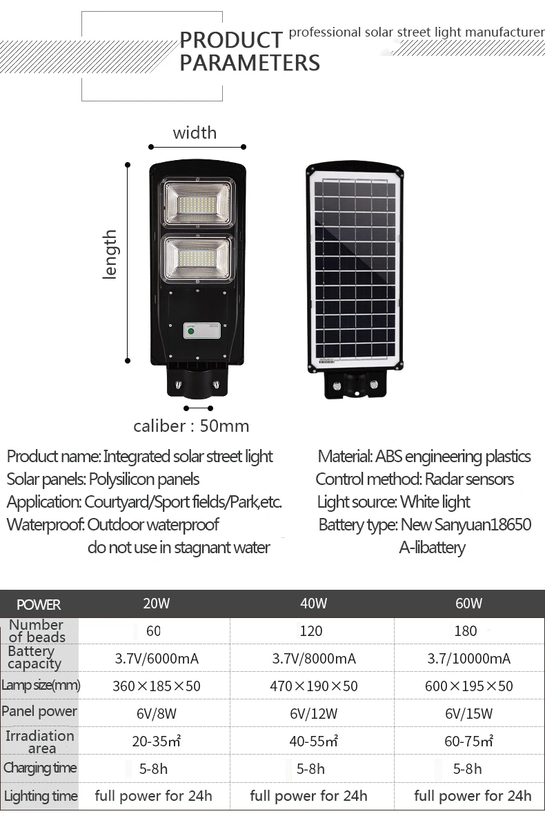 factory price  waterproof outdoor motion sensor led solar street light aluminum 60w solar led street light