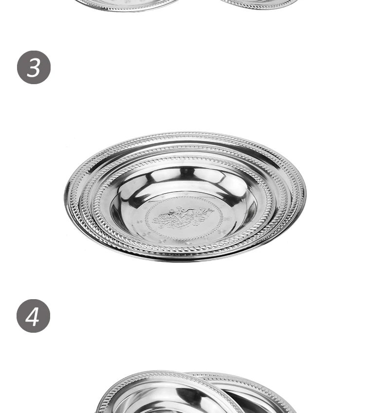high quality and China dishes wholesale round serving tray stainless steel plate set