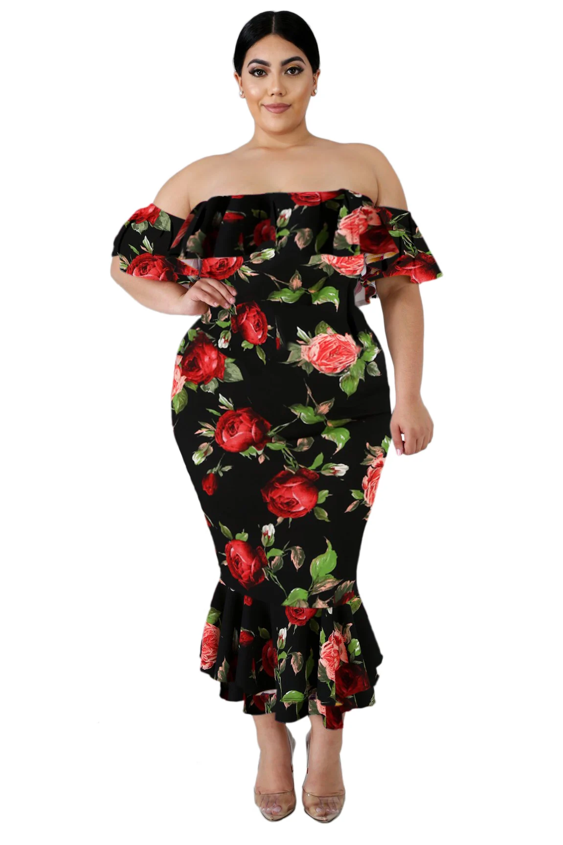 New Floral Print Fat Size Women Party Dress - Buy Fat Size Women Party ...