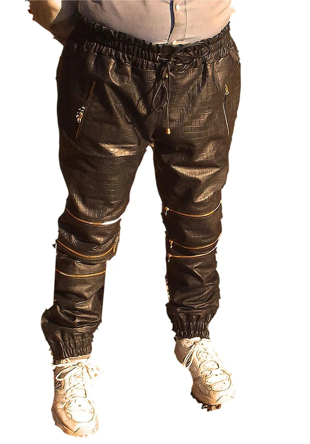 black leather joggers with gold zippers