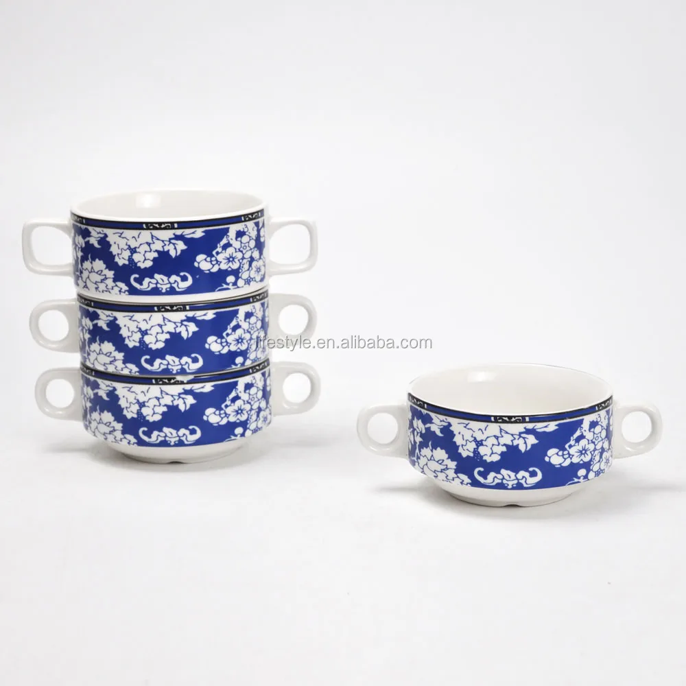 Porcelain Stackable Soup Bowl With Double Ears,Ceramic Stacking Soup