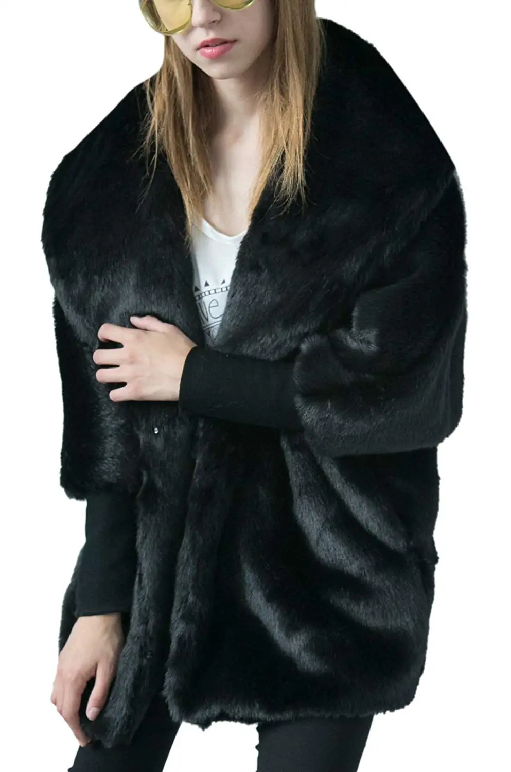 Womens Unique Fake Mink Shaggy Oversized Collar Dolman Sleeve V-neck Knitted Cuff Coat Plus Size Cardigan
