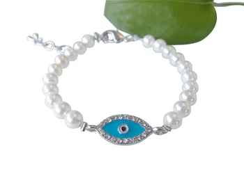 Blue Evil Eye Bracelet Handmade Pearl Beaded Rhinestone Blue Evil Eye Bracelet Handmade Pearl Beaded Rhinestone Turkish Jewelry