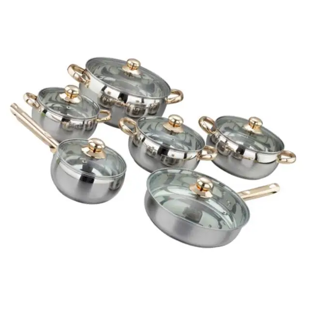 12pcs Triply Commercial Stainless Steel Golden Handle Cookware Set