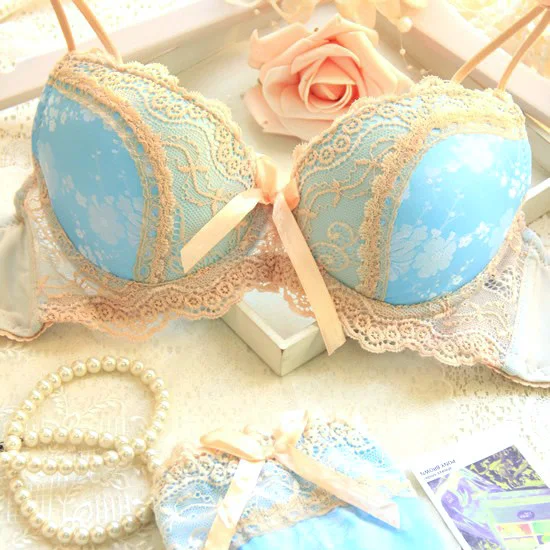 Free shipping 2016 new luxury blue satin three breasted women underwear set AB cup of adjustment