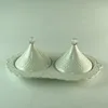 Wholesale embossed double combined white snack plate ceramic butter dish with decorative lid cover
