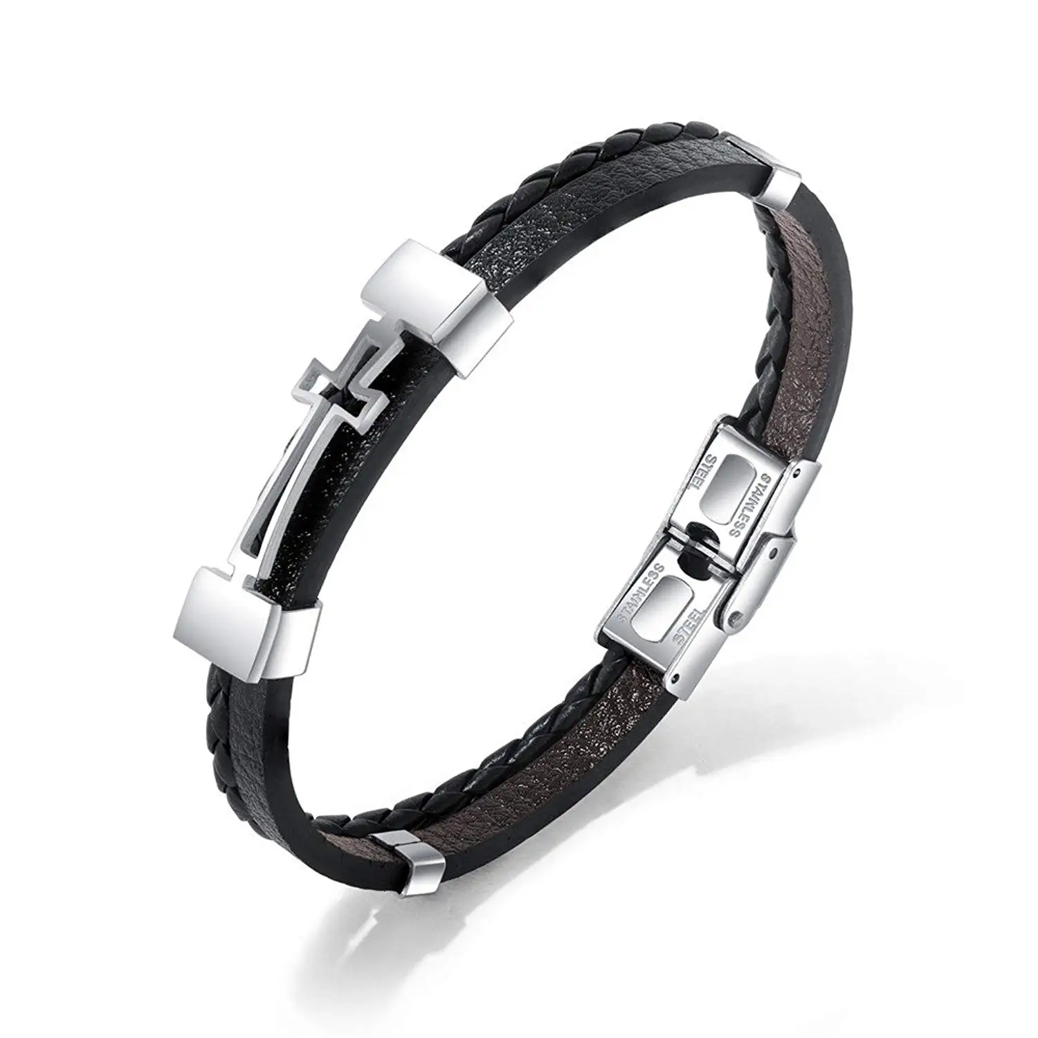 LiFashion LF Mens Stainless Steel Braided Leather Christ Catholic Cross Wristband Christian Holy Bracelet for Boyfriend Son Husband for Baptism Engagement Birthday Baptism Gift