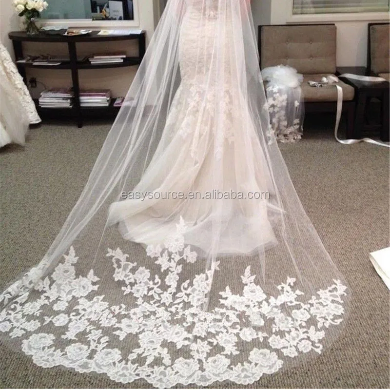 Picture of Lace Cathedral Veils Long Wedding Embroidery Veils Beaded Appliqued ...