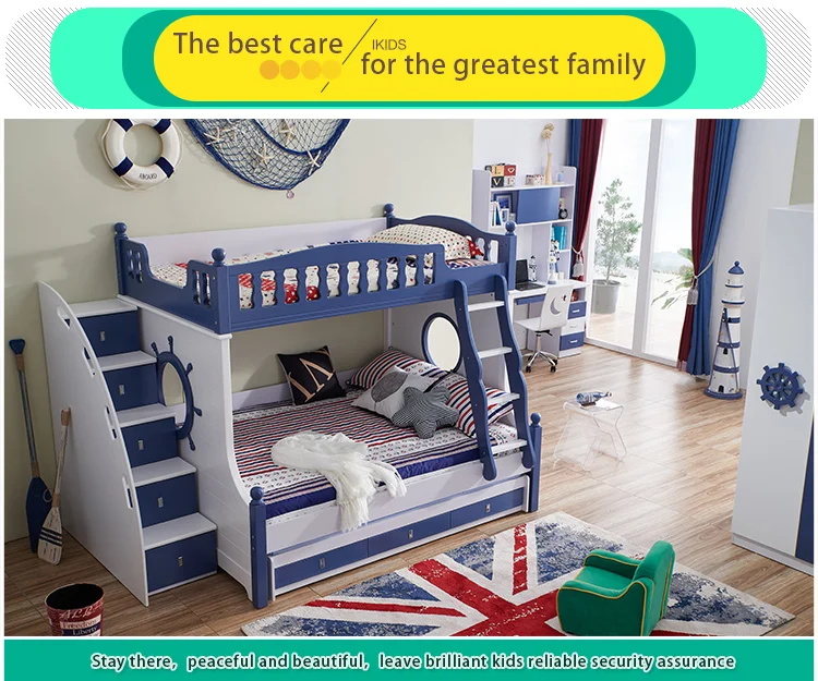 Hot Selling Children Furniture Solid Wood and MDF Bunk Bed for Kids Bed Blue for Boy