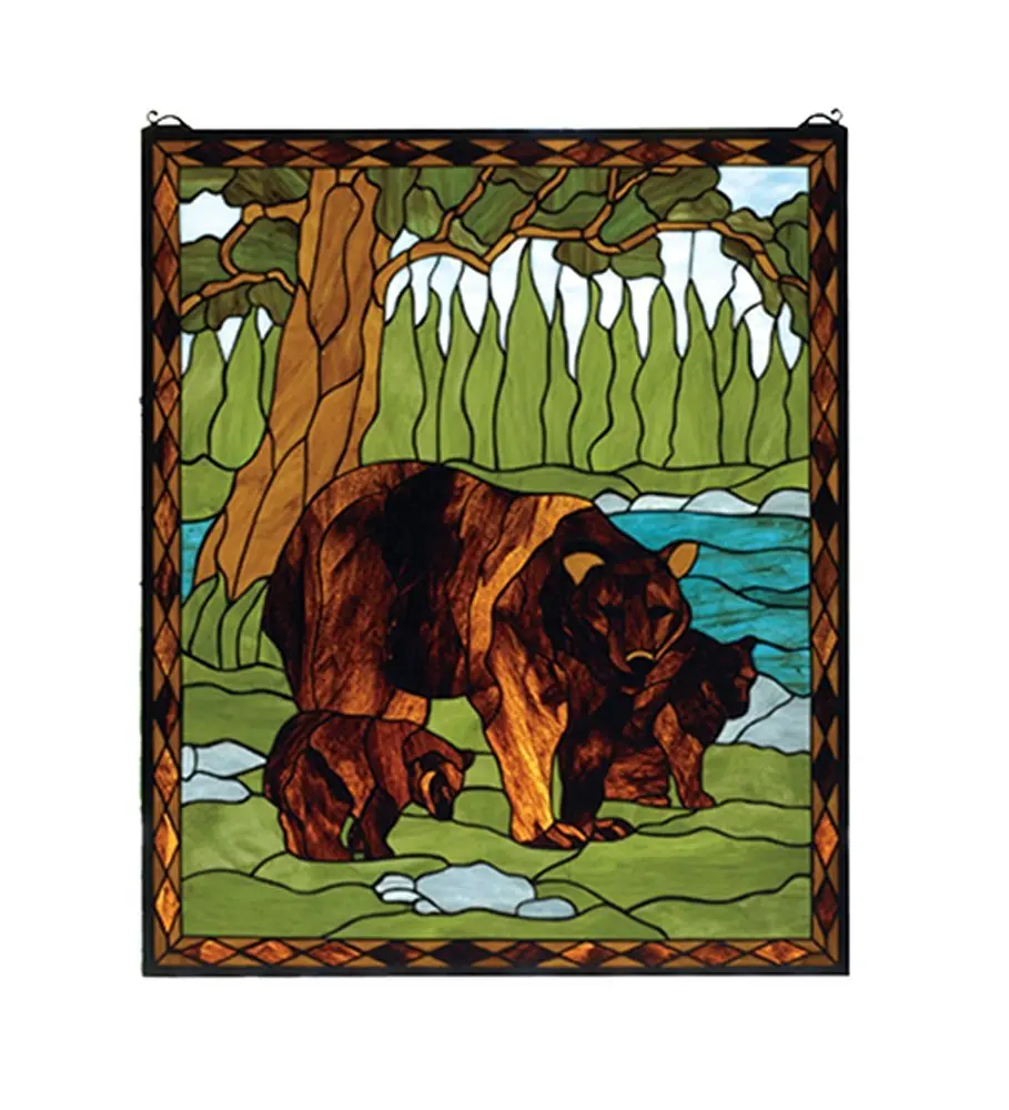 Meyda Hand Crafted Designed Art Decorative Panel 25"W X 30"H Brown Bear Stained Glass Window