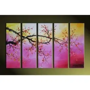 Ode-Rin Art Christmas Gift Christmas Hand Painted Oil Paintings Gift Flowers Blossom 5 Panels Wood Inside Framed Hanging Wall Decoration