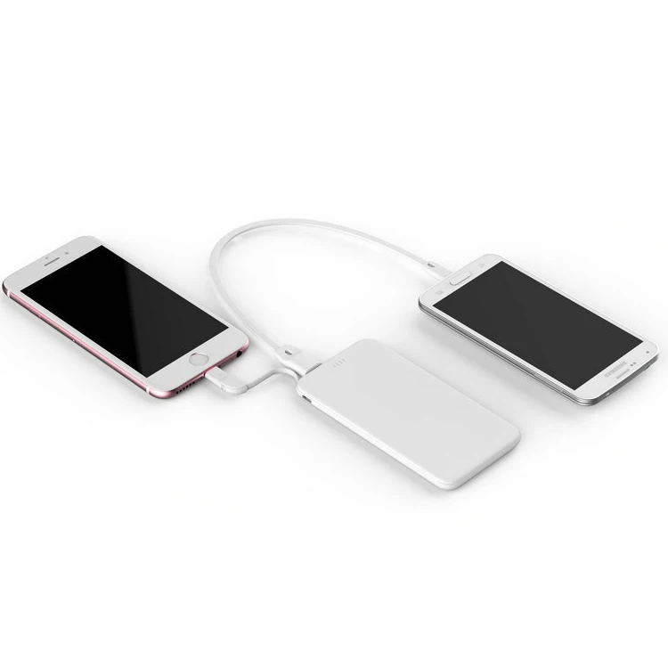 Portable custom logo 5000mah ultra slim phone charger built-in charging cable