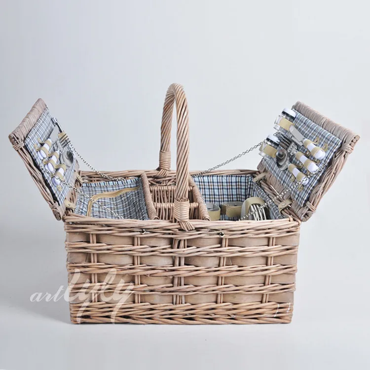 Wholesale raw rattan willow food fruit storage 2 bottle wicker wine bottles holder picnic baskets with liner shoulder strap
