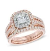 Rose Gold Plated 925 Sterling Silver Cubic Zirconia CZ Diamond Princess Cut Split Shank Double Halo Engagement Band Ring Set