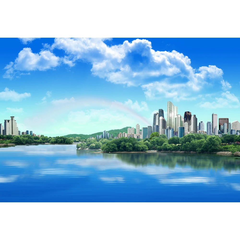 蓝色天空和海城风光办公室酒店墙面装饰壁纸壁画