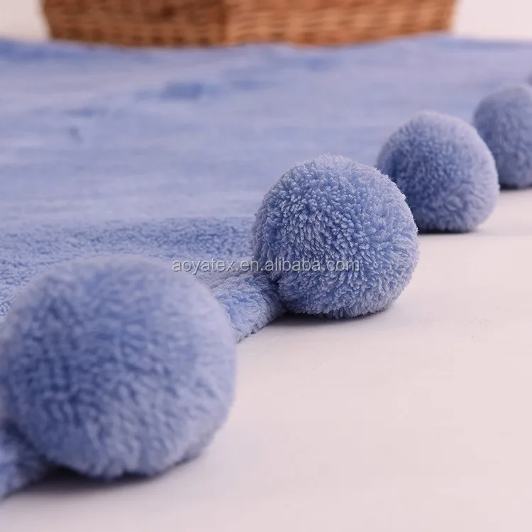 Coral Fleece Fashion Plain Spanish Blanket With Cute Pompom Buy Coral