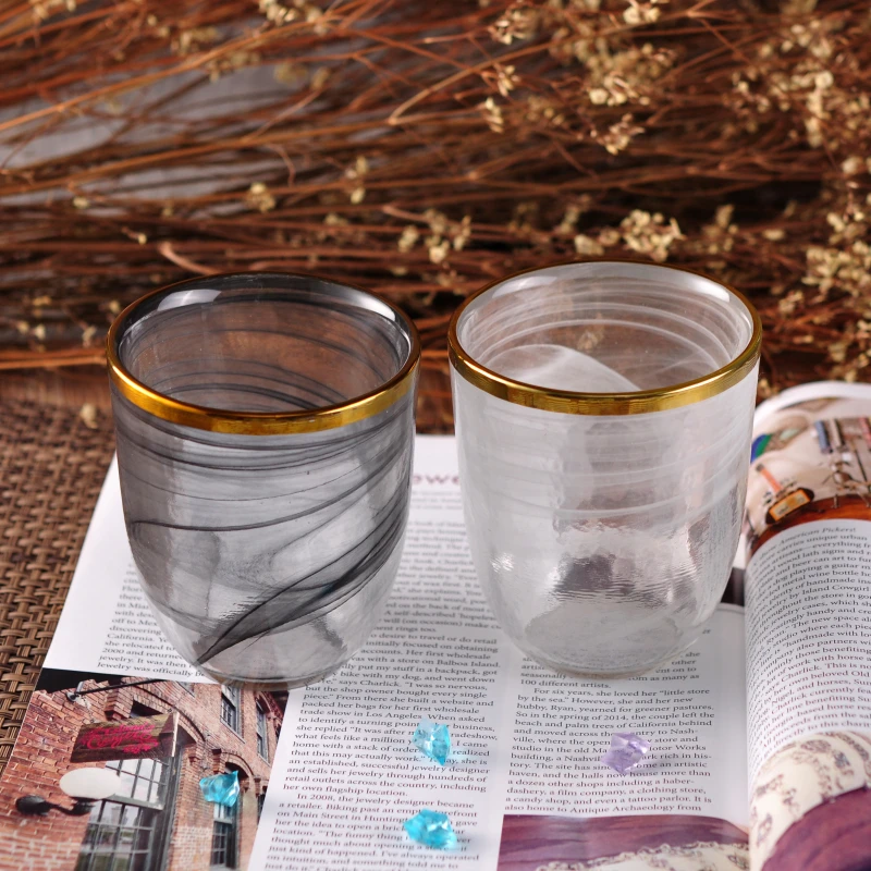 Thin smoke black glass candle jars with gold rim home decoration wholesale