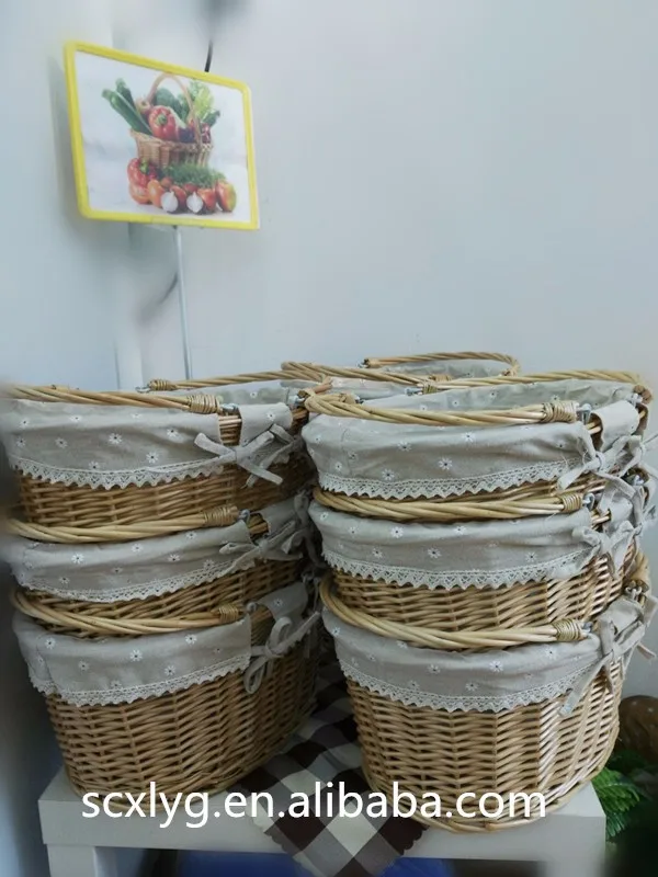 Natural Handmade Wicker Basket With Double Handle,Oval Gift Basket With Fabric Liner Basket