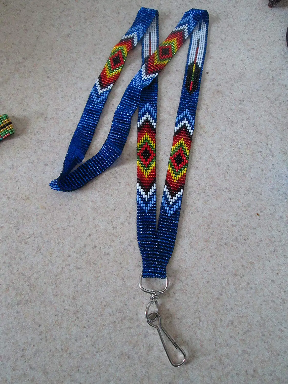 blue red white grey geometric diamond southwest beaded Hand beaded Guatemalan central american Native I.D ID tag badge holder tag lanyard necklace glass seed beads Aztec Indian design Ethinc 