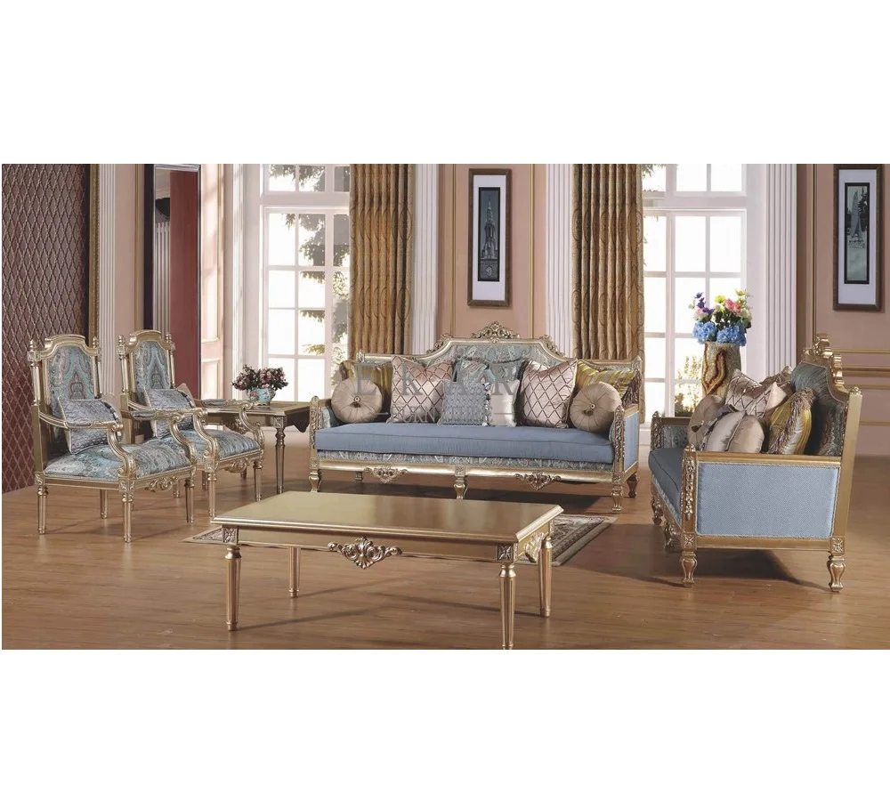 Executive Clic Luxury Carved Wooden Seat Antique Cushion Pale Blue Sofa Set