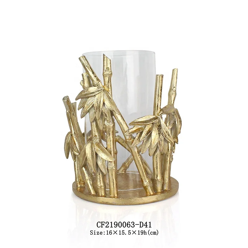 Special Resin Goldleaf Bamboo Shape Base Glass Candle Holder manufacture