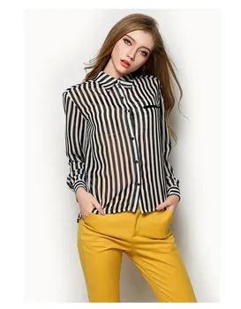2015 Ladies' White And Black Stripe Long Sleeve Chiffon Blouse For