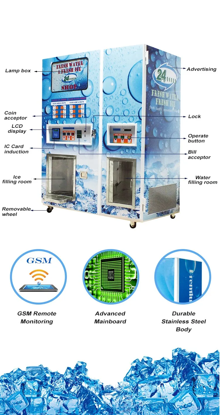 Full Auto Pure Cube Ice Vending Machine With Automatic Ice Bagging
