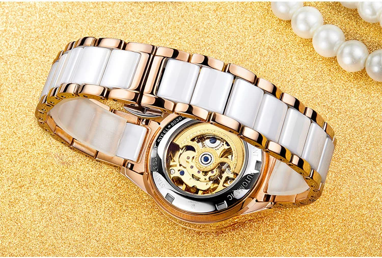 2017 newest design Luxury brand lady no battery automatic mechanical watch with hollow face