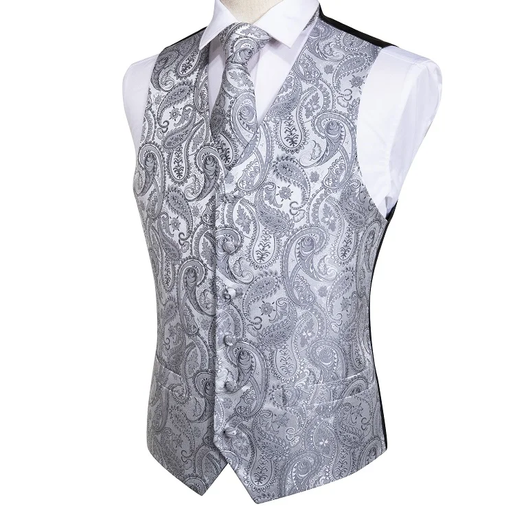 Wholesale Silver Paisley Men Vest Tie Pocket Square Waistcoat Set - Buy ...