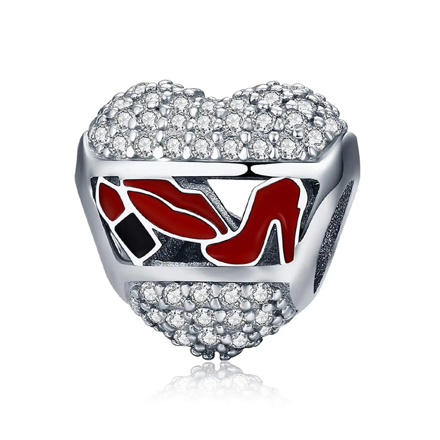 Everbling Ladies Girls Cosmetic in Heart Red Enamel & Clear CZ 925 Sterling Silver Bead Fits European Charm Bracelet